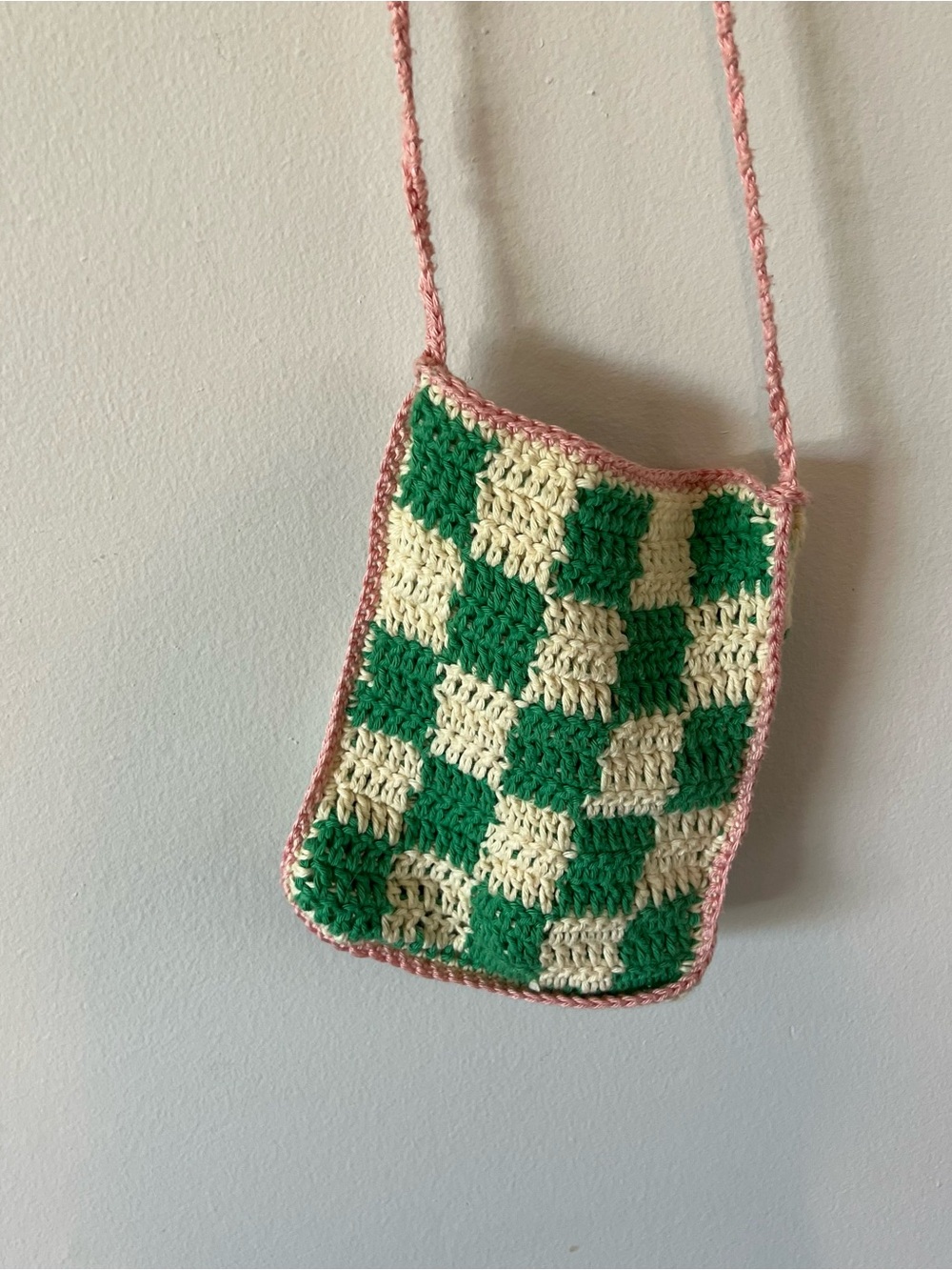 Handmade Crochet Checker Crossbody Bag - Green, Cream & Pink Trim Purse